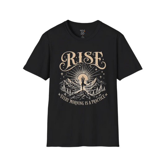 Black Rise T-Shirt featuring vintage mountain sunrise and yoga graphic with grounded mindful energy.