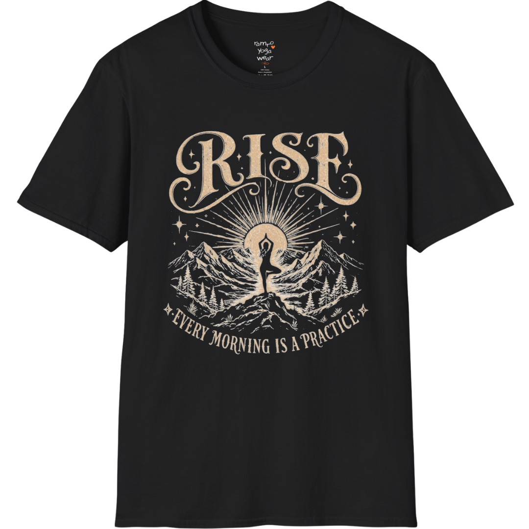 Black Rise T-Shirt featuring vintage mountain sunrise and yoga graphic with grounded mindful energy.