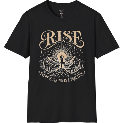 Black Rise T-Shirt featuring vintage mountain sunrise and yoga graphic with grounded mindful energy.