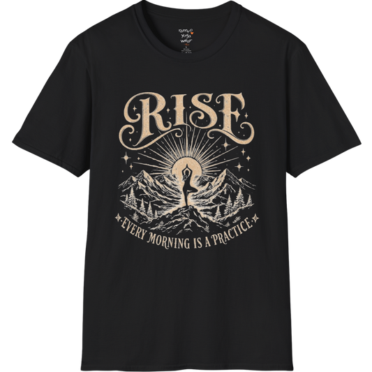 Black Rise T-Shirt featuring vintage mountain sunrise and yoga graphic with grounded mindful energy.
