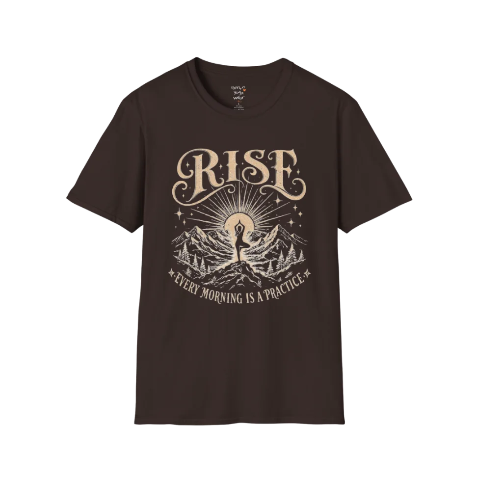 Dark Chocolate Rise T-Shirt with retro-inspired yoga landscape artwork and calm spiritual aesthetic.