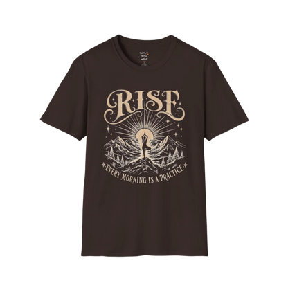 Dark Chocolate Rise T-Shirt with retro-inspired yoga landscape artwork and calm spiritual aesthetic.