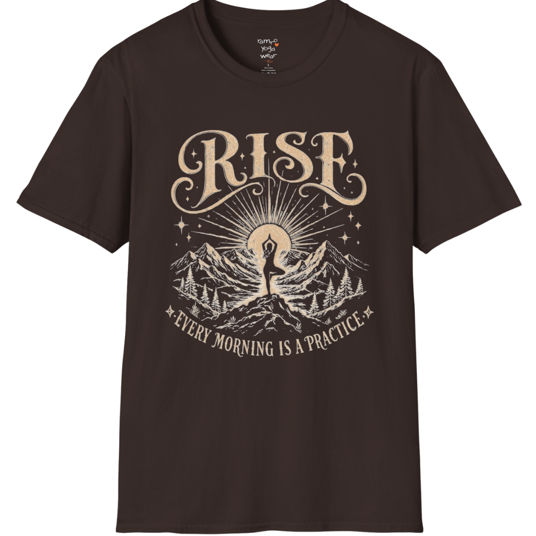 Dark Chocolate Rise T-Shirt with retro-inspired yoga landscape artwork and calm spiritual aesthetic.