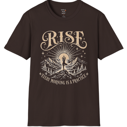 Dark Chocolate Rise T-Shirt with retro-inspired yoga landscape artwork and calm spiritual aesthetic.