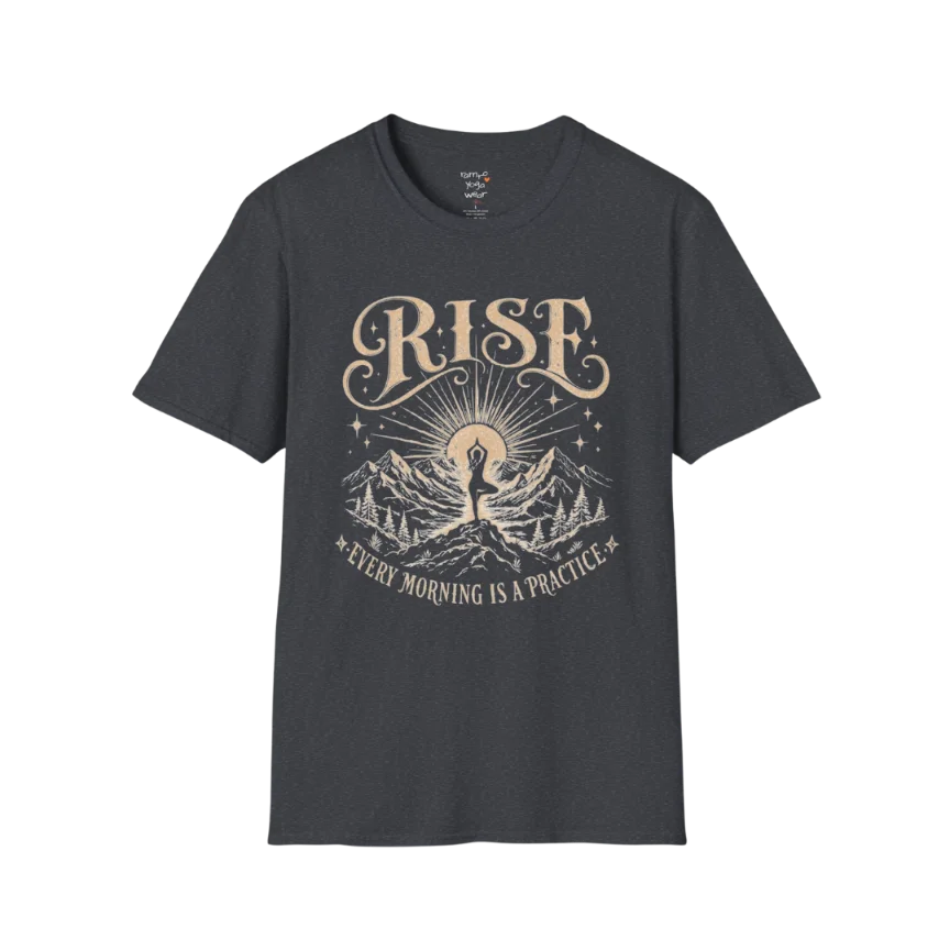 Dark Heather Grey Rise T-Shirt featuring sunrise yoga graphic with vintage mindful styling.