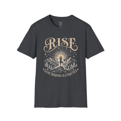 Dark Heather Grey Rise T-Shirt featuring sunrise yoga graphic with vintage mindful styling.