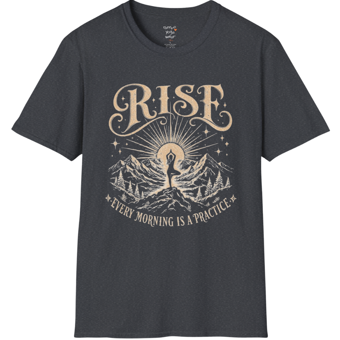 Dark Heather Grey Rise T-Shirt featuring sunrise yoga graphic with vintage mindful styling.