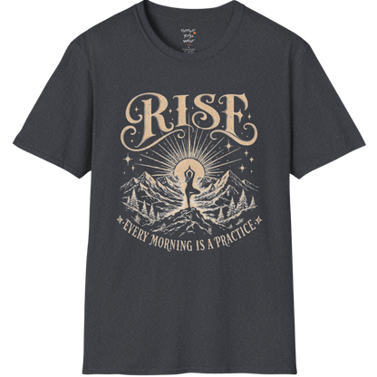 Dark Heather Grey Rise T-Shirt featuring sunrise yoga graphic with vintage mindful styling.