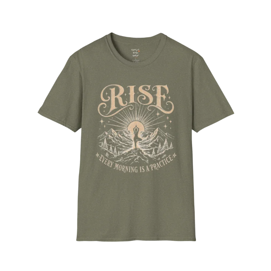 Heather Military Green Rise T-Shirt with mountain sunrise artwork and grounded yoga-inspired energy.