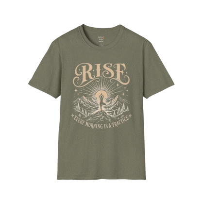 Heather Military Green Rise T-Shirt with mountain sunrise artwork and grounded yoga-inspired energy.