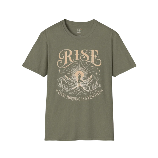 Heather Military Green Rise T-Shirt with mountain sunrise artwork and grounded yoga-inspired energy.