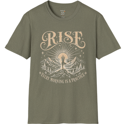 Heather Military Green Rise T-Shirt with mountain sunrise artwork and grounded yoga-inspired energy.