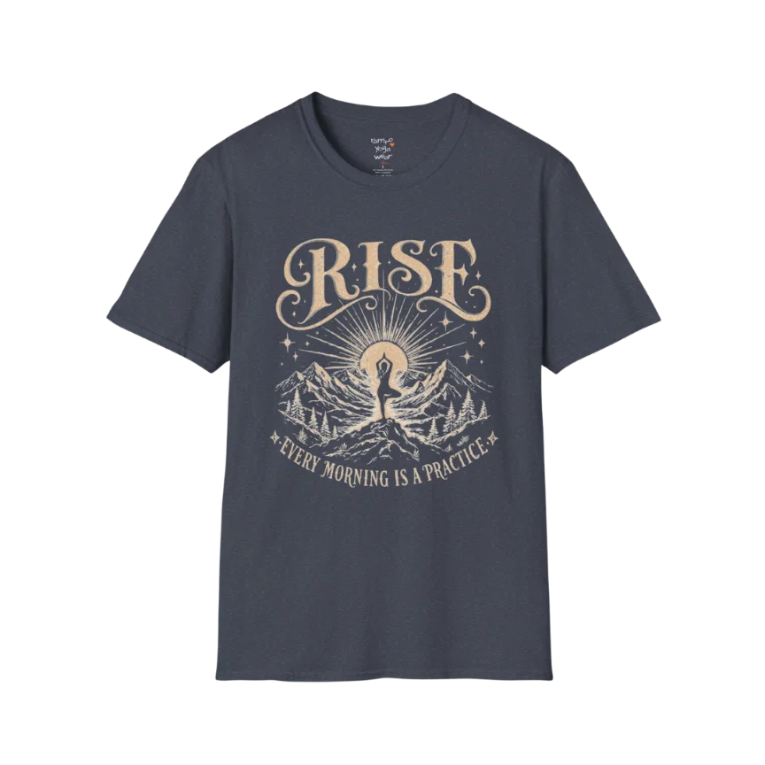 Heather Navy Rise T-Shirt featuring vintage yoga landscape design with calm editorial styling.