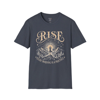 Heather Navy Rise T-Shirt featuring vintage yoga landscape design with calm editorial styling.