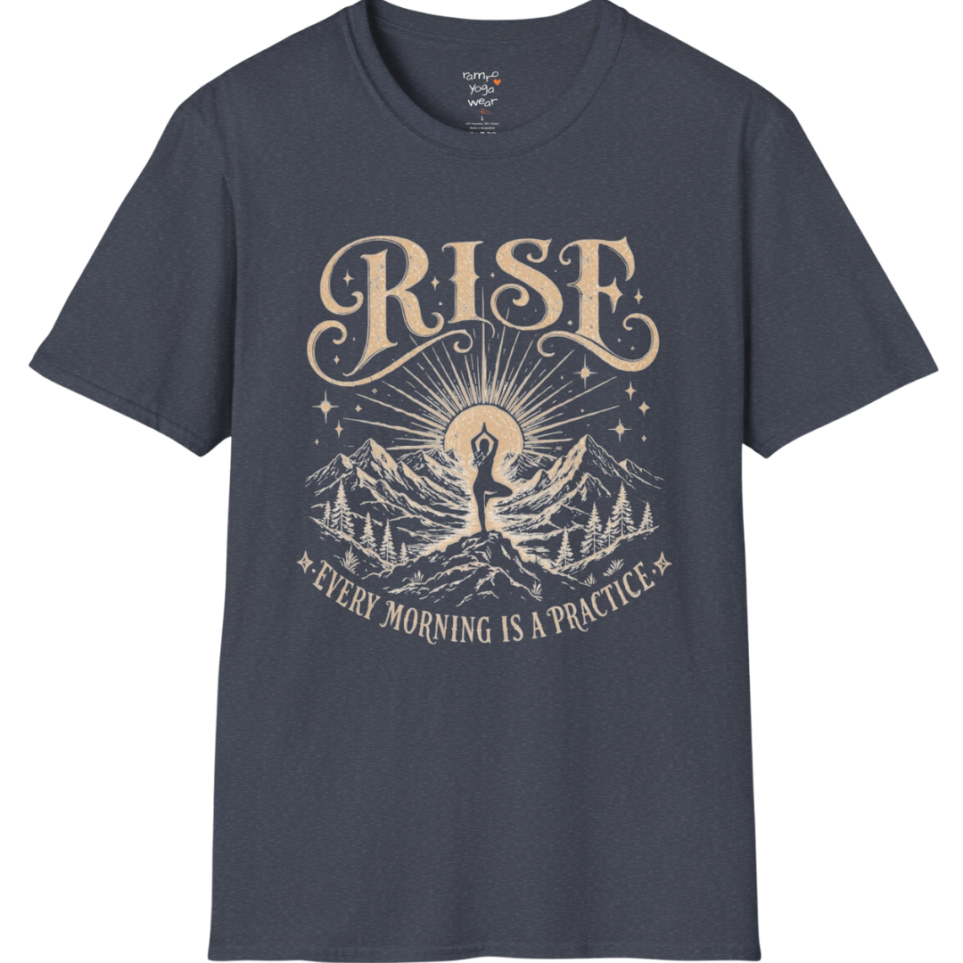 Heather Navy Rise T-Shirt featuring vintage yoga landscape design with calm editorial styling.