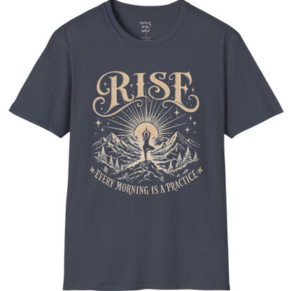 Heather Navy Rise T-Shirt featuring vintage yoga landscape design with calm editorial styling.