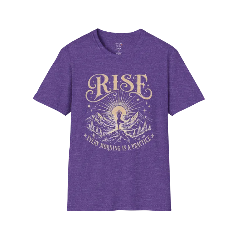 Heather Purple Rise T-Shirt with retro sunrise and mountain yoga graphic in mindful lifestyle aesthetic.