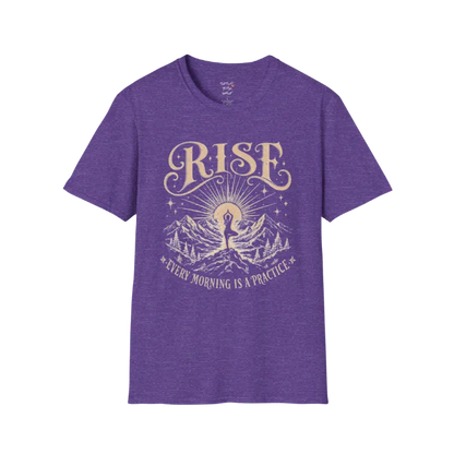 Heather Purple Rise T-Shirt with retro sunrise and mountain yoga graphic in mindful lifestyle aesthetic.