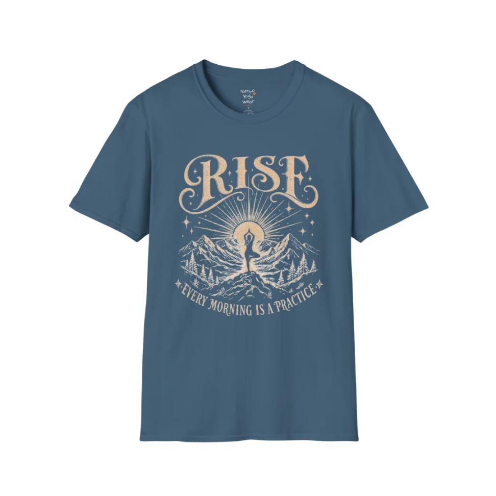 Indigo Blue Rise T-Shirt featuring mountain sunrise artwork with grounded spiritual energy.