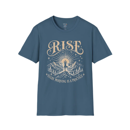 Indigo Blue Rise T-Shirt featuring mountain sunrise artwork with grounded spiritual energy.