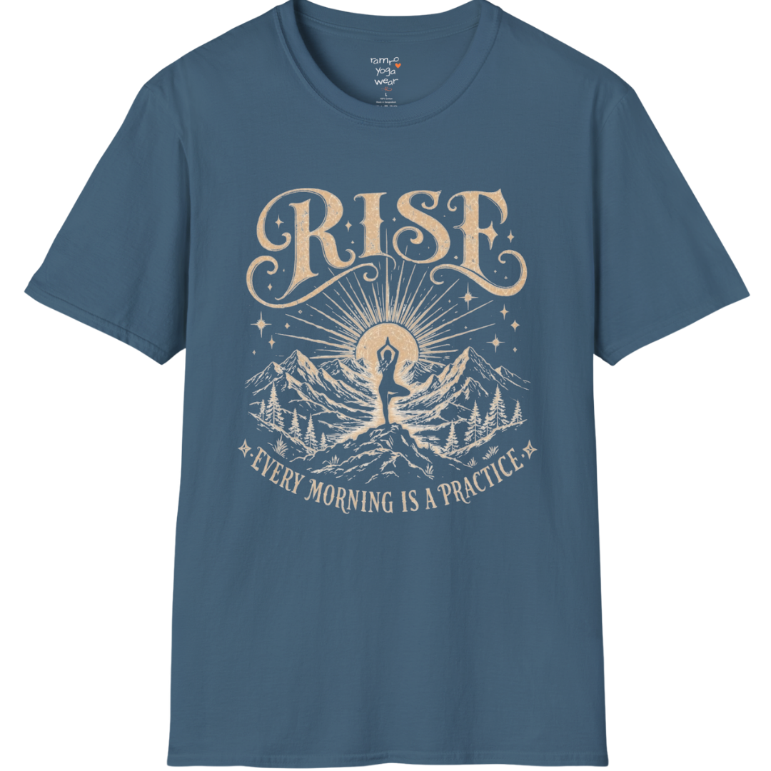 Indigo Blue Rise T-Shirt featuring mountain sunrise artwork with grounded spiritual energy.