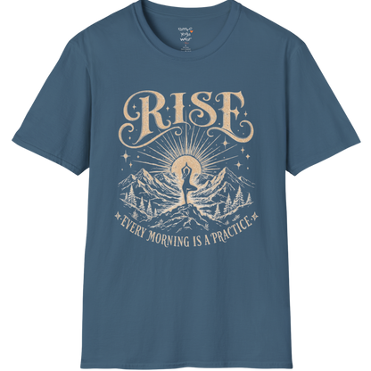 Indigo Blue Rise T-Shirt featuring mountain sunrise artwork with grounded spiritual energy.