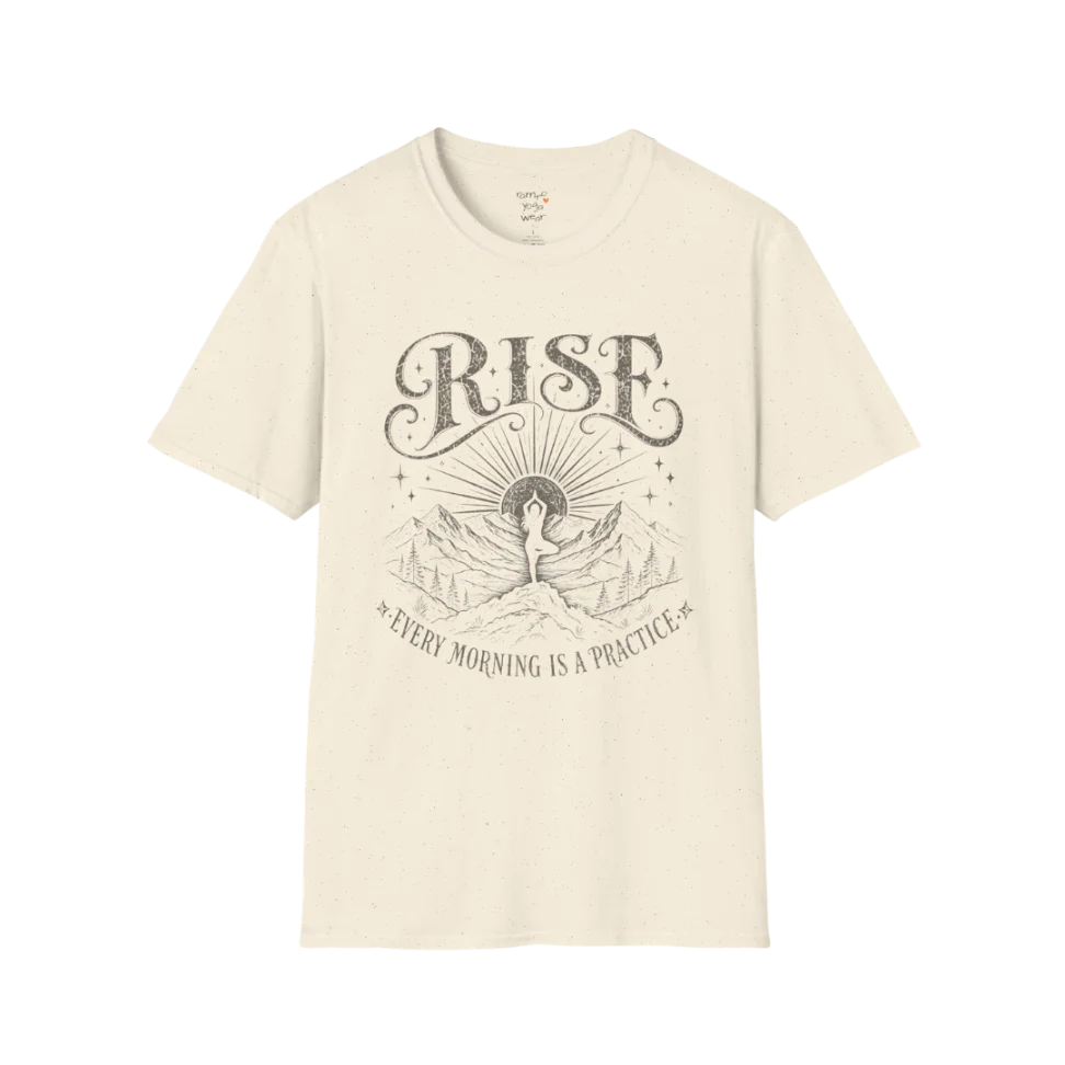 Natural Rise T-Shirt featuring vintage sunrise yoga artwork with soft mindful aesthetic.