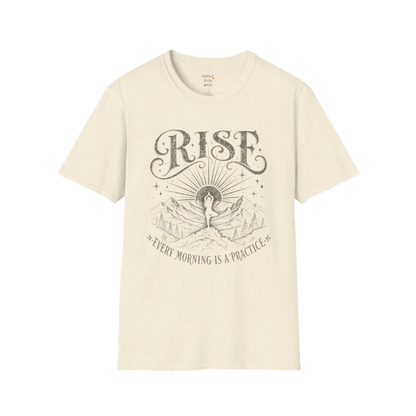 Natural Rise T-Shirt featuring vintage sunrise yoga artwork with soft mindful aesthetic.