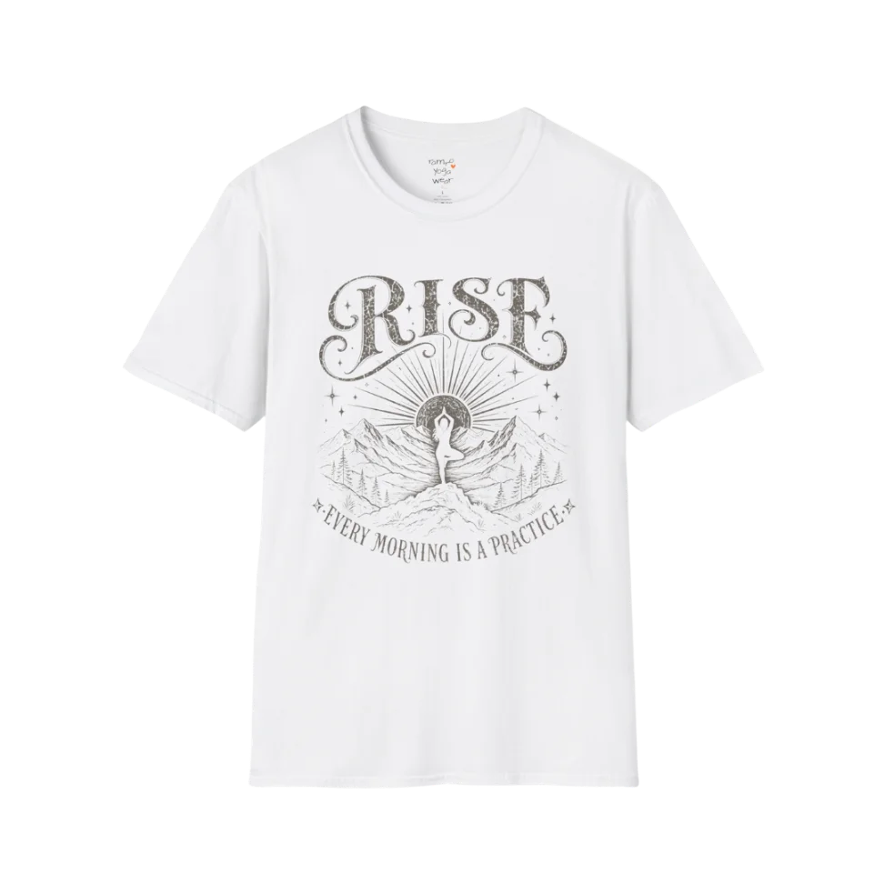 White Rise T-Shirt with retro-inspired mountain sunrise and yoga graphic in clean spiritual style.