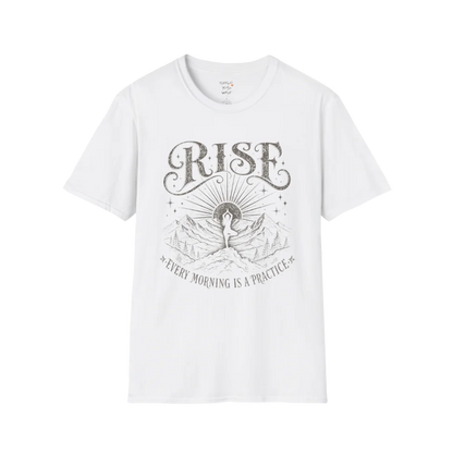 White Rise T-Shirt with retro-inspired mountain sunrise and yoga graphic in clean spiritual style.