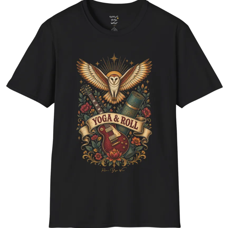 A short sleeved teed illustrating a barn owl with spread wings above a crossed guitar and rolled yoga mat, full-color vintage poster art — Wild Animals collection by Ramro Yoga Wear in Black.