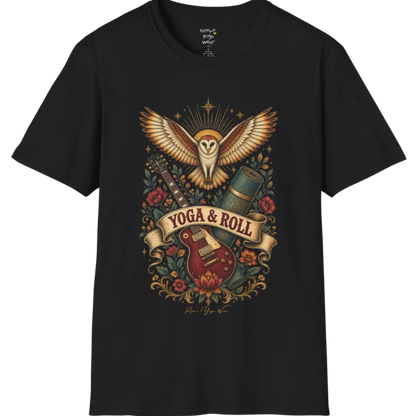 A short sleeved teed illustrating a barn owl with spread wings above a crossed guitar and rolled yoga mat, full-color vintage poster art — Wild Animals collection by Ramro Yoga Wear in Black.