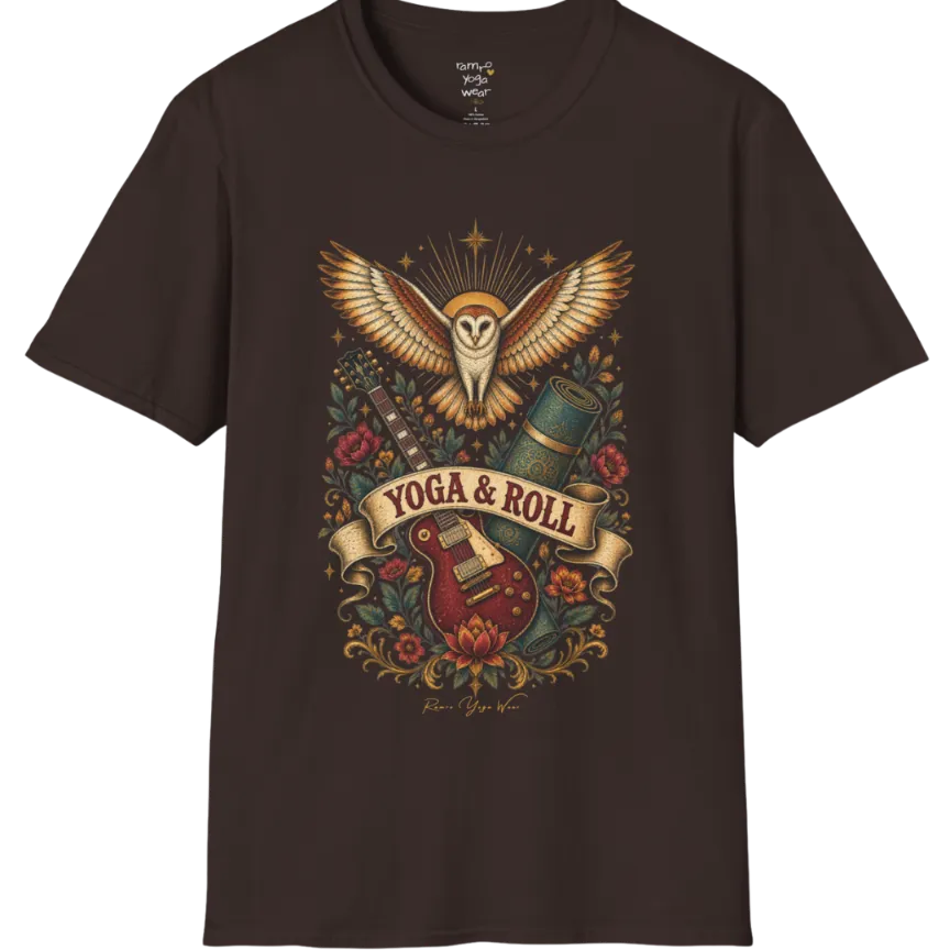 A short sleeved teed illustrating a barn owl with spread wings above a crossed guitar and rolled yoga mat, full-color vintage poster art — Wild Animals collection by Ramro Yoga Wear in Dark Chocolate.