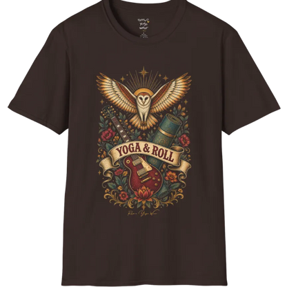 A short sleeved teed illustrating a barn owl with spread wings above a crossed guitar and rolled yoga mat, full-color vintage poster art — Wild Animals collection by Ramro Yoga Wear in Dark Chocolate.