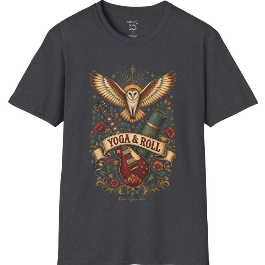 A short sleeved teed illustrating a barn owl with spread wings above a crossed guitar and rolled yoga mat, full-color vintage poster art — Wild Animals collection by Ramro Yoga Wear in Dark Heather Grey.