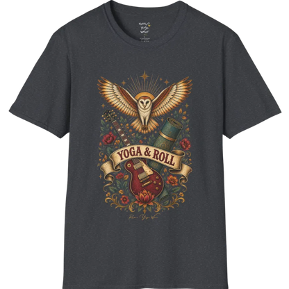 A short sleeved teed illustrating a barn owl with spread wings above a crossed guitar and rolled yoga mat, full-color vintage poster art — Wild Animals collection by Ramro Yoga Wear in Dark Heather Grey.