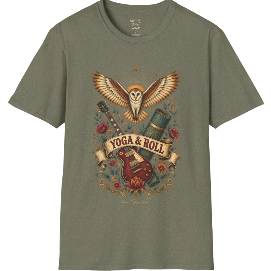 A short sleeved teed illustrating a barn owl with spread wings above a crossed guitar and rolled yoga mat, full-color vintage poster art — Wild Animals collection by Ramro Yoga Wear in Heather Military Green.