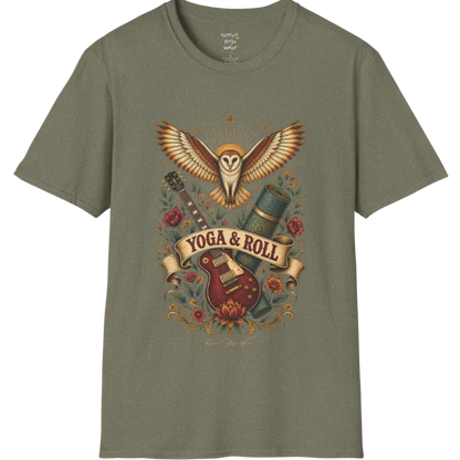 A short sleeved teed illustrating a barn owl with spread wings above a crossed guitar and rolled yoga mat, full-color vintage poster art — Wild Animals collection by Ramro Yoga Wear in Heather Military Green.