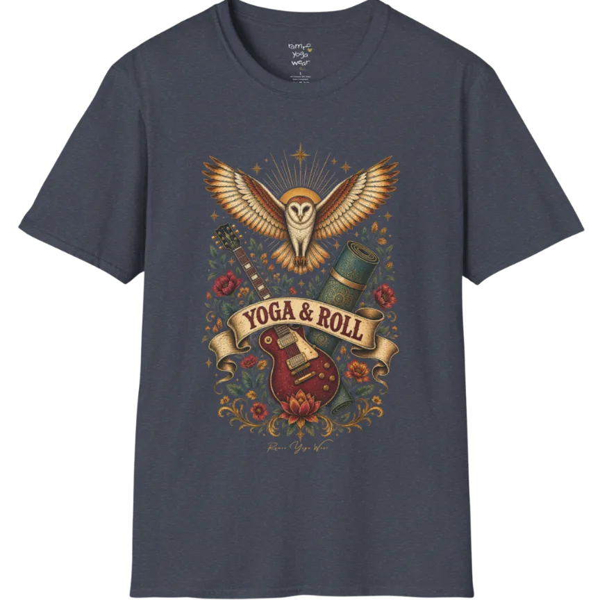 A short sleeved teed illustrating a barn owl with spread wings above a crossed guitar and rolled yoga mat, full-color vintage poster art — Wild Animals collection by Ramro Yoga Wear in Heather Navy.