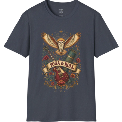 A short sleeved teed illustrating a barn owl with spread wings above a crossed guitar and rolled yoga mat, full-color vintage poster art — Wild Animals collection by Ramro Yoga Wear in Heather Navy.