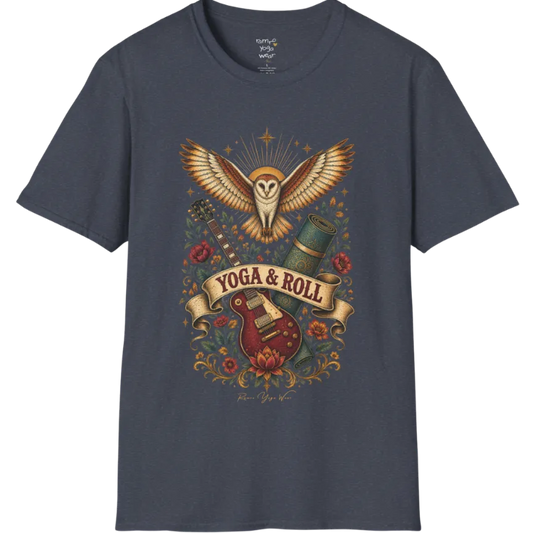 A short sleeved teed illustrating a barn owl with spread wings above a crossed guitar and rolled yoga mat, full-color vintage poster art — Wild Animals collection by Ramro Yoga Wear in Heather Navy.