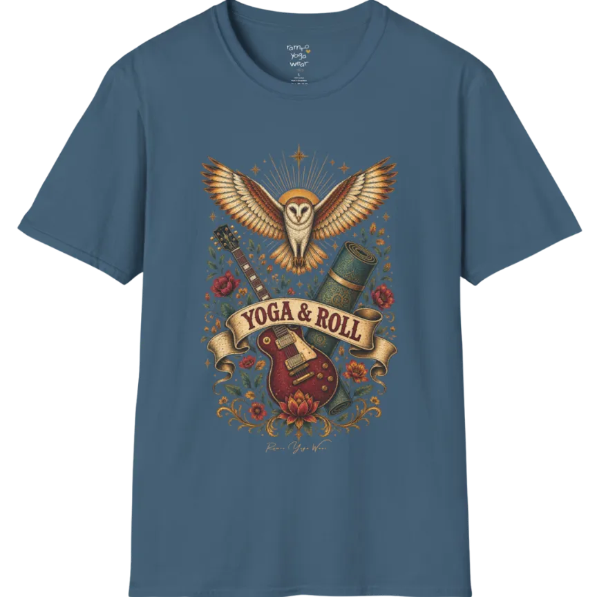 A short sleeved teed illustrating a barn owl with spread wings above a crossed guitar and rolled yoga mat, full-color vintage poster art — Wild Animals collection by Ramro Yoga Wear in Indigo Blue.