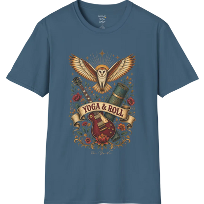 A short sleeved teed illustrating a barn owl with spread wings above a crossed guitar and rolled yoga mat, full-color vintage poster art — Wild Animals collection by Ramro Yoga Wear in Indigo Blue.
