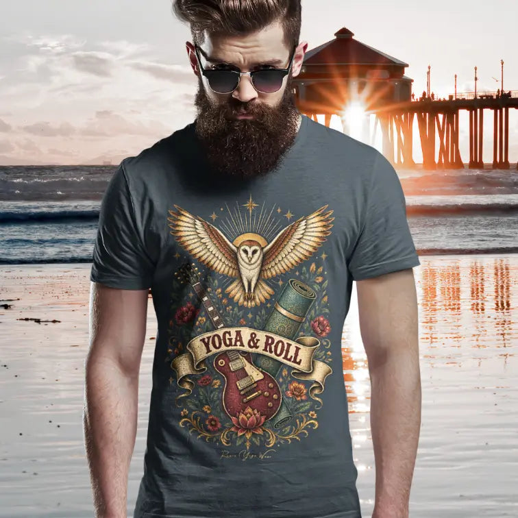 Person wearing Roll Heather Navy tee, standing near palm trees at a beach pier at sunset — Wild Animals collection by Ramro Yoga Wear