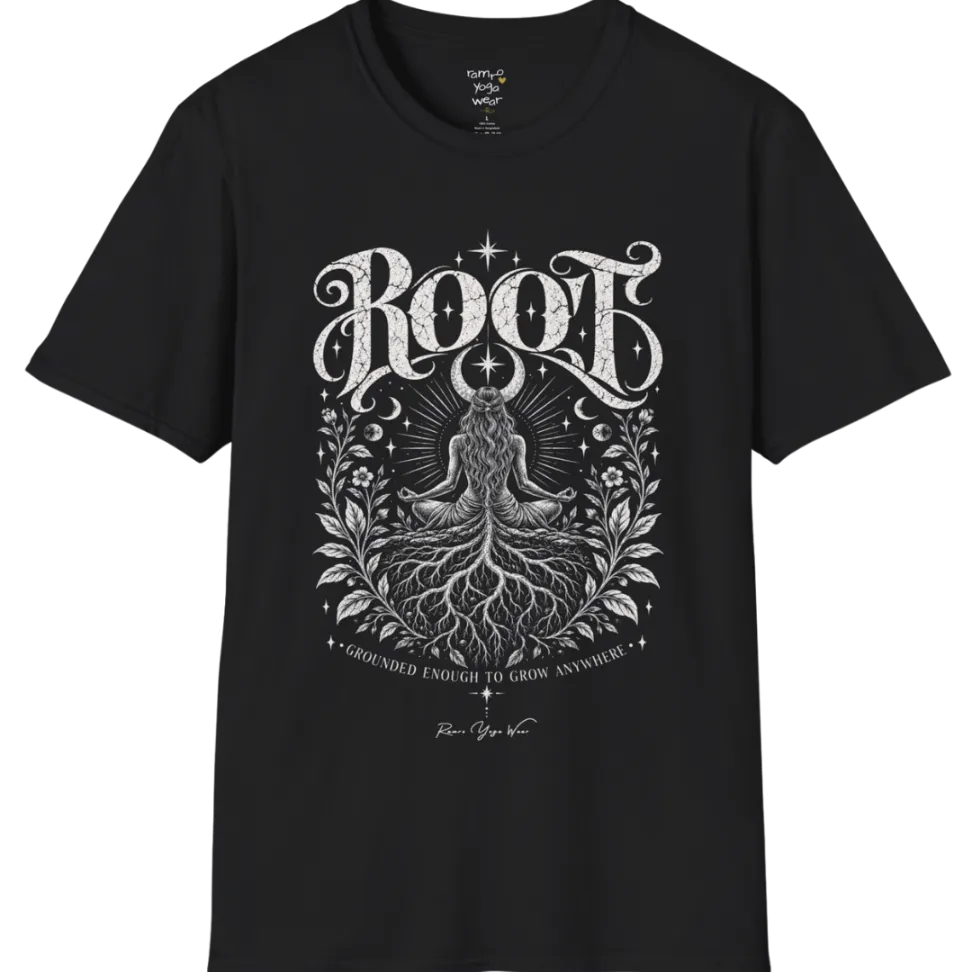 Seated meditating figure with tree roots intertwining with the crossed legs, growing down into the earth, botanical framing either side. Root T-Shirt flat lay is a Gildan 64000, in Black. 