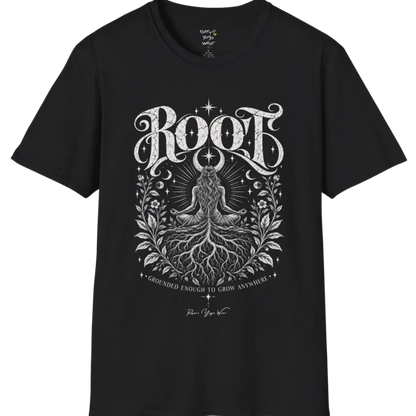 Seated meditating figure with tree roots intertwining with the crossed legs, growing down into the earth, botanical framing either side. Root T-Shirt flat lay is a Gildan 64000, in Black. 