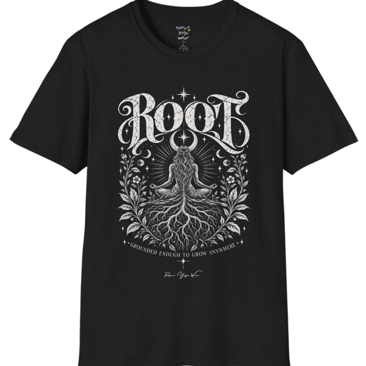 Seated meditating figure with tree roots intertwining with the crossed legs, growing down into the earth, botanical framing either side. Root T-Shirt flat lay is a Gildan 64000, in Black. 