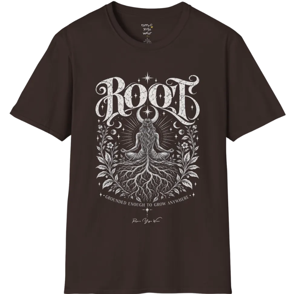 Seated meditating figure with tree roots intertwining with the crossed legs, growing down into the earth, botanical framing either side. Root T-Shirt flat lay is a Gildan 64000, in Dark Chocolate.