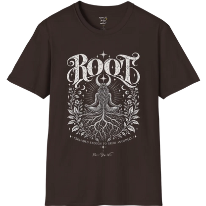 Seated meditating figure with tree roots intertwining with the crossed legs, growing down into the earth, botanical framing either side. Root T-Shirt flat lay is a Gildan 64000, in Dark Chocolate.