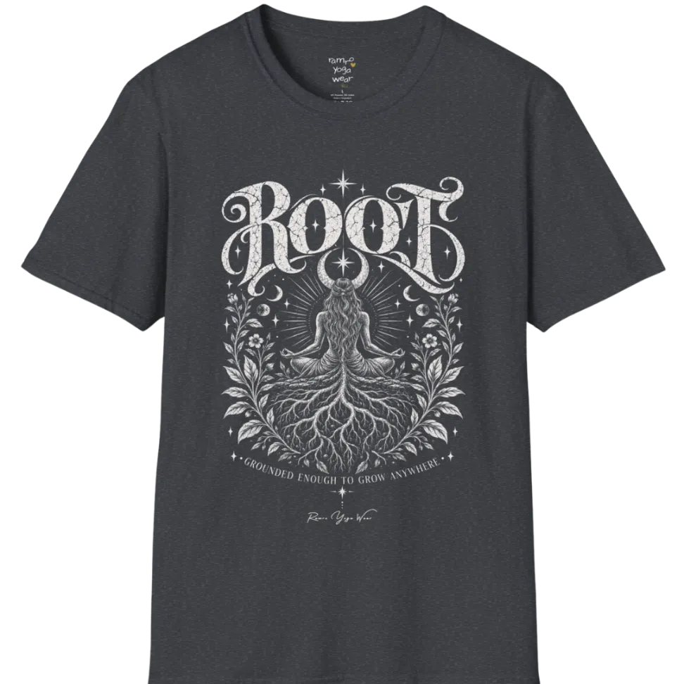 Seated meditating figure with tree roots intertwining with the crossed legs, growing down into the earth, botanical framing either side. Root T-Shirt flat lay is a Gildan 64000, in Dark Heather Grey.